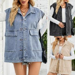 Women's Vests Sleeveless Vest Button Down Women Classic Jean Cotton Solid Color Turn Collar Pockets Loose Fit Daily Outfit