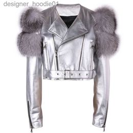 Men's Fur Faux Fur YOLOAgain Shiny Sliver Women Motorcycle Leather Jacket With Real Fur Sleeve 211215 L230913