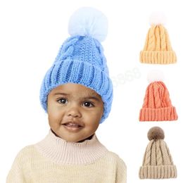 Kids Winter Cable Knit Beanie Hat Cute Pompom Contrast Color Stripes Skull Cap Plush Lined girl knitted Unisex HatSoft Warm