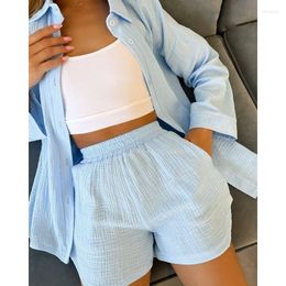 Women's Tracksuits Y2K Casual Fashion Long Sleeve Shirt Top Straight Shorts Suit Vacation Outfits Loungewear Women Two Piece Set Homewear