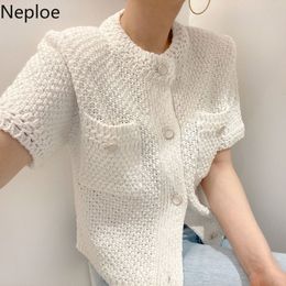 Women's Knits Tees Neploe Korean Cardigan Women Clothing Short Sleeve Single Breasted Sweater O Neck Knit Black Tops Fashion White Coat Femme 230912