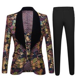 Men's Suits & Blazers Men Jacquard Suit Butterfly Flower Latest Coat Slim Fit 3 Piece Tuxedo Groom Prom Party Blazerjacket v307e