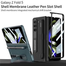 Ultra Thin Carbon Fibre Phone Case for Samsung Galaxy Z Folding Fold5 5G Invisible Bracket Tempered Film Lychee Pattern Leather Kickstand Fold Shell with Pen Slot