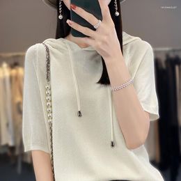 Women's Hoodies Summer Ice Silk Short Sleeve T-shirt Hooded Solid Colour Drawstring Raglan Loose Pullover Knit