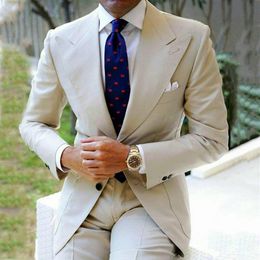 Lastest Coat Designs Beige Blazer With Pants 2021 Slim Fit Wedding Suits For Mens Wide Peaked Lapel Formal Groom Wear Groomsmen Me2303