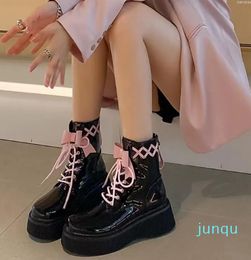 Pink Bow Platform Ankle Woman Autumn Winter Fashion Designer Chunky Kawaii Shoes Harajuku Footwear