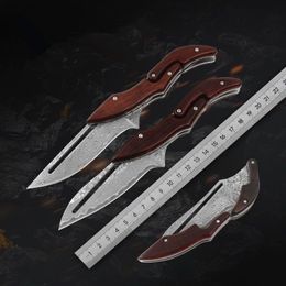 High Hardness Damascus Knife Wood Handle Pocket Folding Knives Outdoor Camping Cutter EDC Multitool