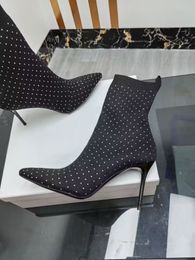Kadınlar sivri kış yüksek topuklu şık rhinestones elastik tuval gerçek deri çorap ayakkabı pist pist parti düğünleri ince monte edici fermuarlı ayakkabılar 35-42