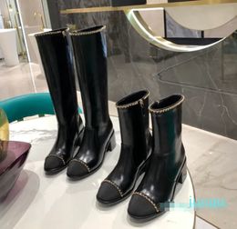 Metal decoration side boots chunky heel tall Chelsea boot leather shoes Almond Toes riding boots luxury designers brands shoe