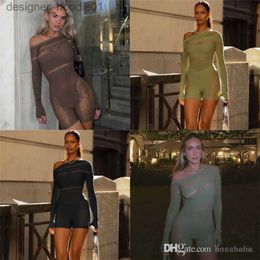 Womens Jumpsuits Rompers Wind 2023 Spring Women Jumpsuits Designer New Sexy Mesh Perspective Hollow High Waist Long Sleeve Tight Bodysuit Shorts Rompers 4 Colours L