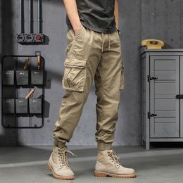 GODLIKEU Cargo Pants Men's Multi Pockets Trending Loose Khaki Retro Spring and Summer Cotton Casual Trousers264B