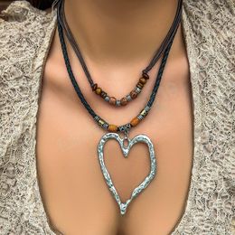 Vintage Rope and Beads Chain with Large Hollowed Out Heart Pendant Necklace for Women