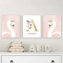 Pink Crown Swan Golden Customized Baby & Kids Name Posters and Prints Nursery Wall Art Canvas Paintings for Girls Bedroom DecorL01