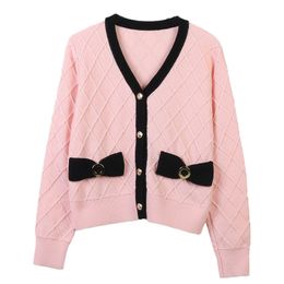 829 2023 Autumn Women Sweater Long Sleeve V Neck Pink White Cardigan Beads Brand Same Style Striped White Womens MINGMO