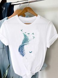 Women's T Shirts Tee Women T-shirt Summer Short Sleeve Print Clothes Graphic Feather Painting Bird Clothing Fashion Female Top Round Neck