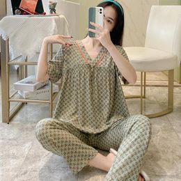 Women's Sleepwear Summer Suit Fashion Pajamas Set Loose Casual Short Sleeve Trouser Suits Viscose Female Loungewear Home Clothes 2 Piece