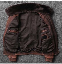Men's Fur Faux Fur Mens Brown Air Force Flight Leather Jacket Vintage Wool Collar Plus Size Genuine Cowhide Winter Russian Pilot Coat Male L230913