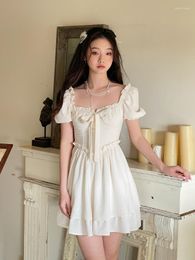 Party Dresses Vintage Sweety A Line Bow Square Collar Short Puff Sleeve Mini Evening Sexy For Women Elegant Summer 2023 Korean