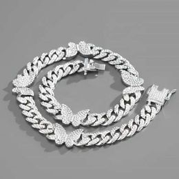 12Mm 2Row S Sliver Jewelry Butterfly Necklace Bracelet Hip Hop Vvs Moissanite Miami Cuban Link Chain