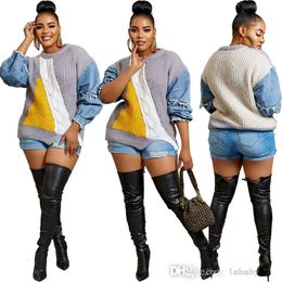 2023 Autumn New Denim Knit Patchwork Sweater Women Fashion Color Blocking Jeans O-Neck Long Sleeve Pullover Tees Tops For Ladies Plus Size S-3XL