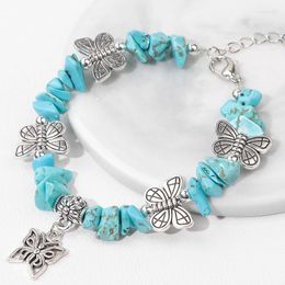 Charm Bracelets Fashion Butterfly Bracelet Women Blue Turquoise Stone Female Metal Handmade Jewelry Girl Friendship Gift