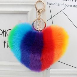 Keychains Lanyards Simation Fur Heart Pom-Pom Keychain Love Fuzzy Bag Purse Charm Ring Fluffy Ball Lovely Valentines Key Chain Fob Fas Dhzia