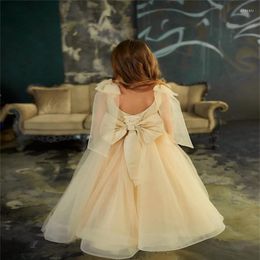 Girl Dresses Flower Ankle Length V Neck Appliques Big Bow Spaghetti Straps Sleeveless Tulle Princess Communion Dress Gift