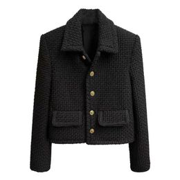 Women's Jackets Black Vintage Lapel Cropped Tweed Jackets Korean Trend Single Breasted Wool Blend Coats Elegant Slim Casacos Classics Outerwear 230912