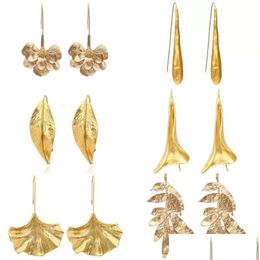 Stud Retro Golden Metal Leaf Earrings Geometric Irregar Plant Earring For Women Girls Party Travel Jewellery Drop Delivery Dhgl4