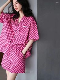 Women's Sleepwear Summer Coolness Short Sleeved Shorts Pyjamas Suit Cardigan Pure Cotton Nightwear Checkerboard Homewear