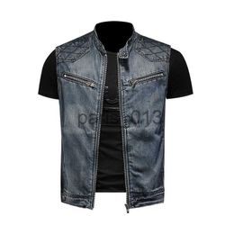 Mens Jackets Mens Jackets 2023 New Mens Motorcycle Biker Denim Vest Vintage Blue Zippers Pockets Sleeveless Jackets Punk Cowboy Fashion Wasitcoat Vest J230821 x091