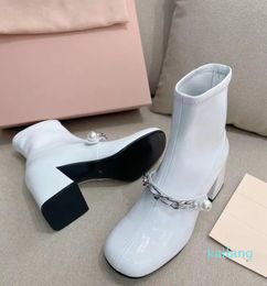 Women's Boots Pearl Chain Buckle Designer Boot Chunky High-heels Winter Shoes