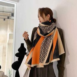 French high-end autumn and winter cashmere for women's shawl Colour matching thickened long warm double-sided dual purpose wool scarf trend