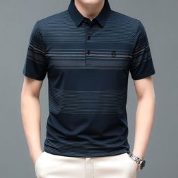 Men's Polos Summer Polo Ice Silk Short Sleeve Tshirt Lapel Bottoming Large Striped Embroidery Printed Button Fashion Casual Tops 230912
