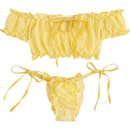 Bras Sets Women's Sexy Lingerie Set Mesh Lace Ruffle Cute Dot Transparent Bra And Panty Wireless Thong Bandage Exotic
