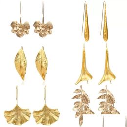 Stud Retro Golden Metal Leaf Earrings Geometric Irregar Plant Earring For Women Girls Party Travel Jewellery Drop Delivery Dhy0D