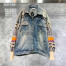 Mens Jackets Mens Jackets High Quality Trendy Letter Embroidery Stitching Color Contrast Coat Women Denim Jacket Fashion Style Hip Hop Ripped Jeans Jacket J230821 x