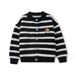 Children bear sweater autumn new boy striped knit cardigan female treasure embroidered round neck wool coat