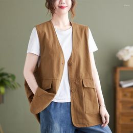 Women's Vests Japanese Korea Style Pockets Cotton Linen Vintage Loose Summer Autumn Outwear Vest Tops Fashion Women Spring Casual Shirts