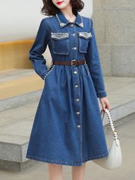 Casual Dresses FTLZZ Autumn Winter Lady Lapel Single Breasted Denim Dress Vintage Long-sleeve Beading A-line Midi With Belt