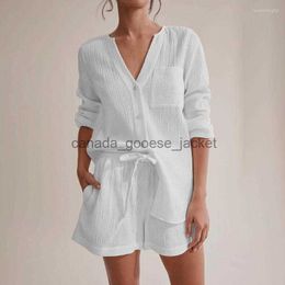 Women's Sleep Lounge Women's Sleepwear Summer Pocket White Cotton Home Suits With Shorts Female Pijama Long Sleeves Set Woman 2 Pieces V-Neck Women PajamasL230913