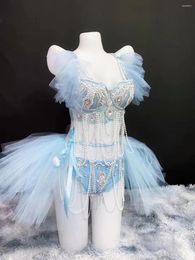 Stage Wear Pole Dance Bikini Costume Bar Nightclub DJ Gogo Sky Blue Mesh Pearl Beading Bra Short Set Club Party Show Performance