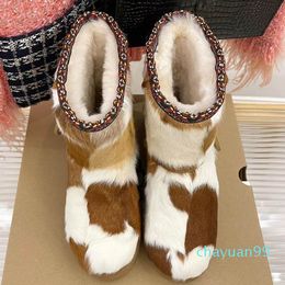 Horse hair Snow boots sexy winter leather cold protection Beaded decoration casual shoes comfortable Round head thick bottom boots