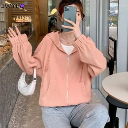 Women's Hoodies Spring Autumn Thin Zip Up Korean Fashion Loose Long Sleeve Pocket Preppy Style Pink Sweatshirts Casual Cardigan Tops
