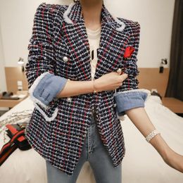 Women's Wool Blends Spring Winter Korean Fashion Elegant Women Coat Chic Formal Retro Double Breasted Plaid Tweed Outwear Femme Mujer Short Jacket 230912