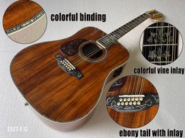 Left Hand 12 Strings Electric Guitar Brown Color High Glossy Colorful Binding And Flower Inlay Ebony Tail High Grade Level EQ