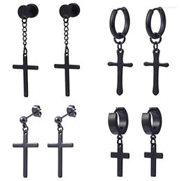 Dangle Earrings WKOUD 1/4 Pairs Of Stainless Steel Ear Studs Set With Hanging Cross Punk Style Suitable For Men And Women Black Colour