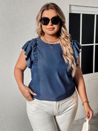 Women's Plus Size TShirt Ruffle Short Sleeve Top Scroop Neck Solid Colour Back Button Female Blouse Summer Autumn Fall Clothing 230912
