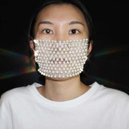 2020 Shiny Rhinestone Pearl Face Mask Decorations for Women Bling Elasticity Crystal Cover Face Jewellery Cosplay Decor Party Gift Q265n