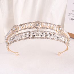 Gold Silver Plated Queen Princess Crown Crystal Pearl Diadem For Bridal Hair Accessories Bride Headbands
